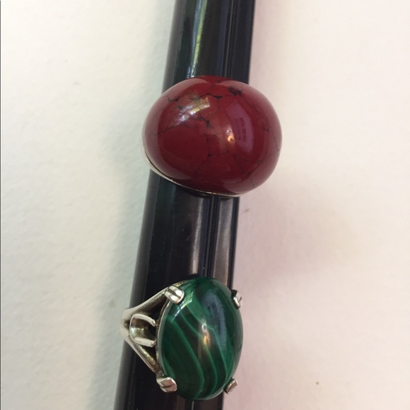 Vintage 925 Sterling silver rings, Wood resin & malachite - Picture 3 of 8